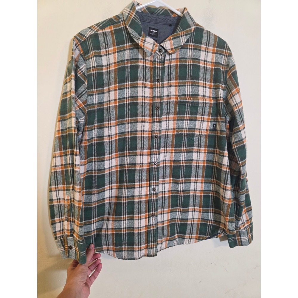 Prana Mens Green Orange Plaid Organic Cotton Flannel Shirt 1967041 Large